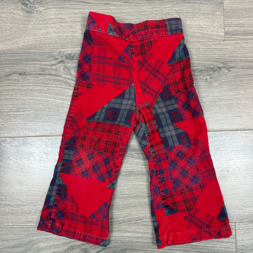 Vintage Health‑tex 70s Patchwork Plaid Red Corduroy Bell Bottom Pants 3T USA